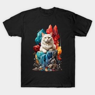 White Cat sitting on Gems Crystal Cluster T-Shirt